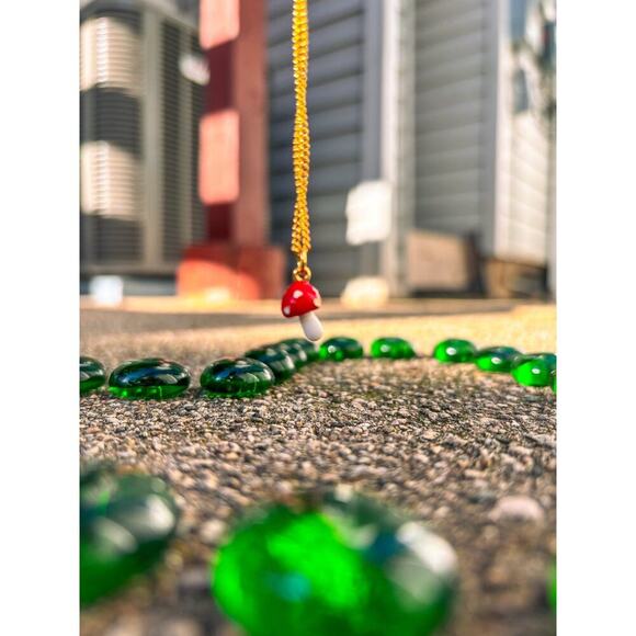 Whimsy Necklace:  Gold Plated Mini Mushroom, Blue Sneaker, Black Kitty.  Unique! - Picture 5 of 16